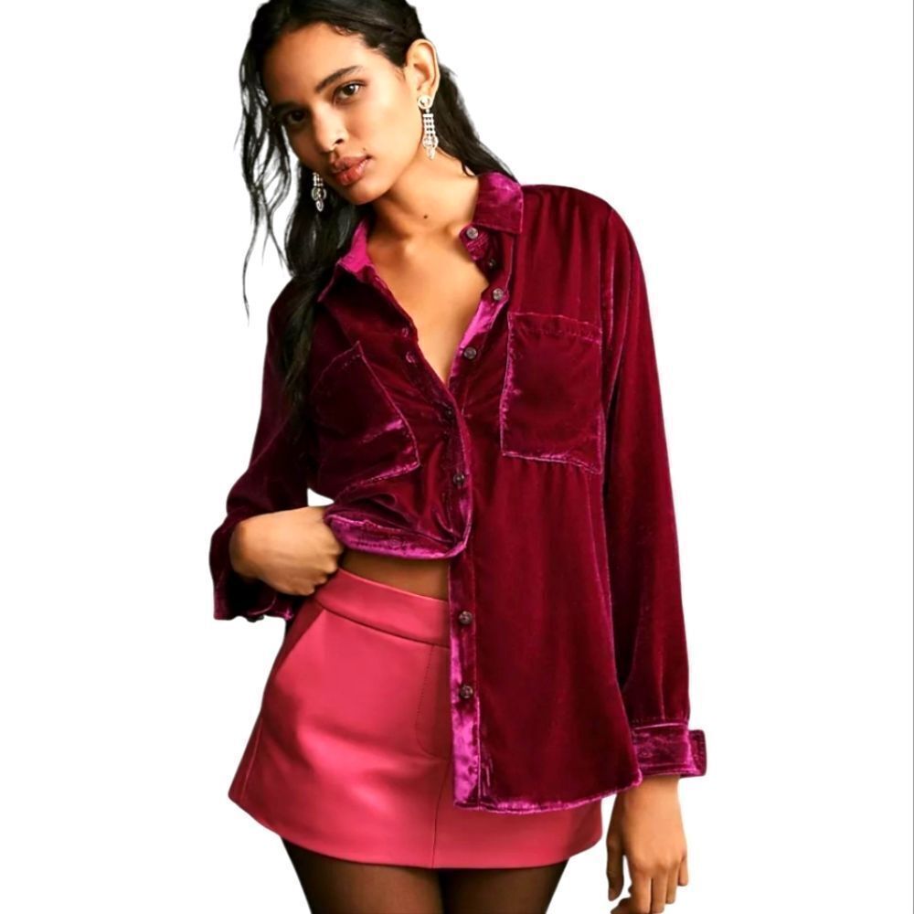Anthropologie Maeve Velvet Button-Down Shirt in Deep Red Pink Size 2